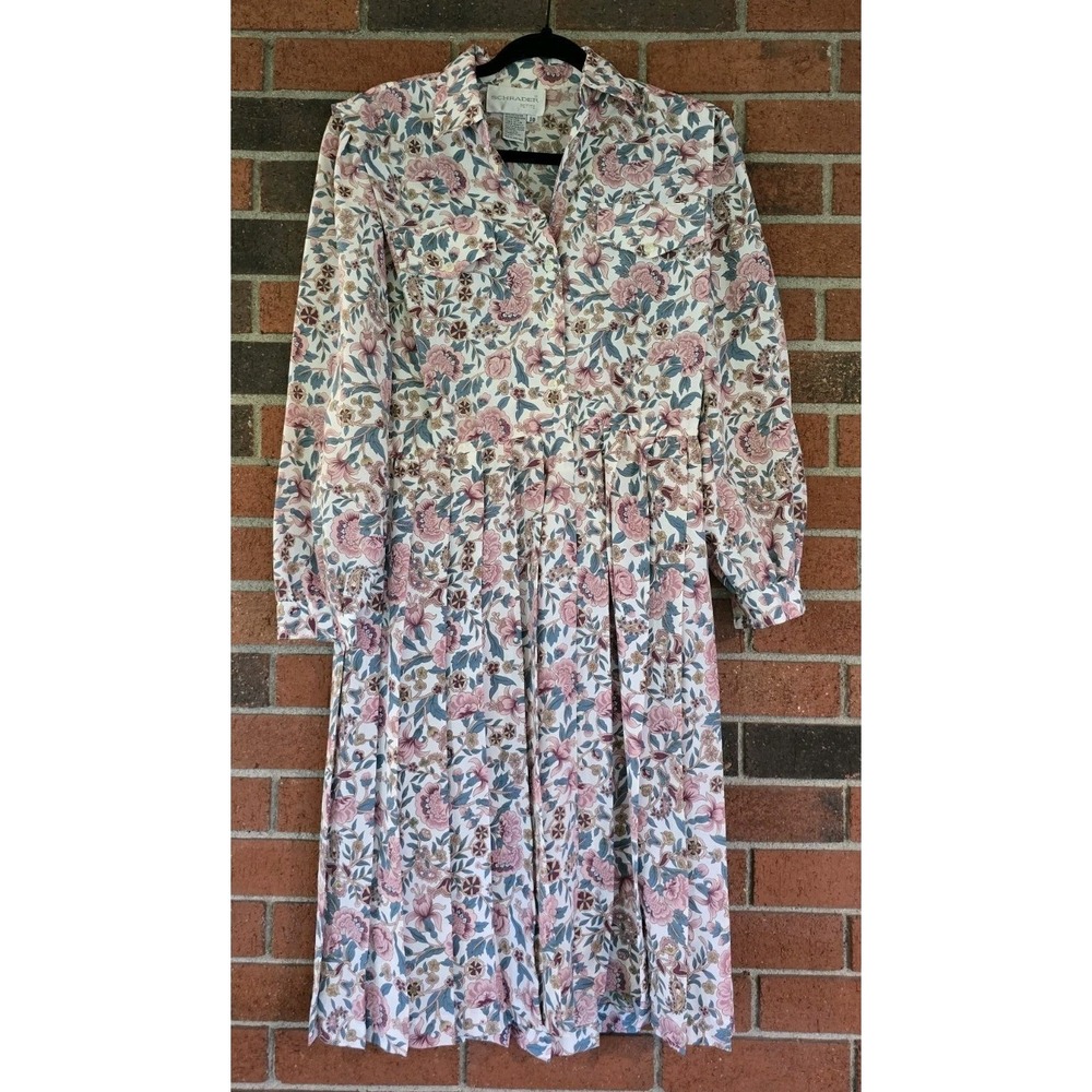 Vintage Schrader Dress 10 P Pleated A Line Button Floral Prairie Cottage